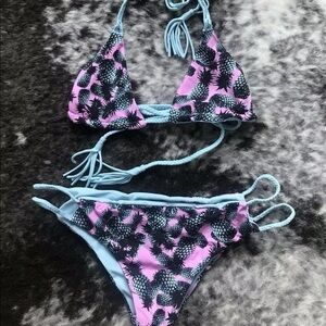 Pink & aqua reversible fringe pineapple bikini sm